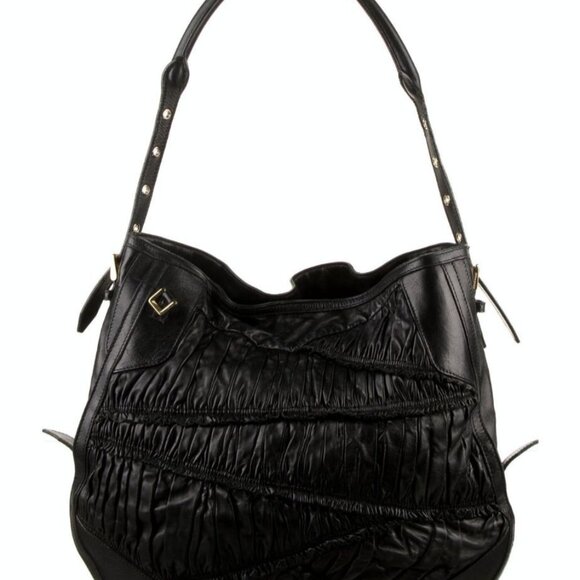 Burberry Black Lambskin Leather Pleated Hobo Bag Gold Hardware Detachable Strap - Picture 2 of 16